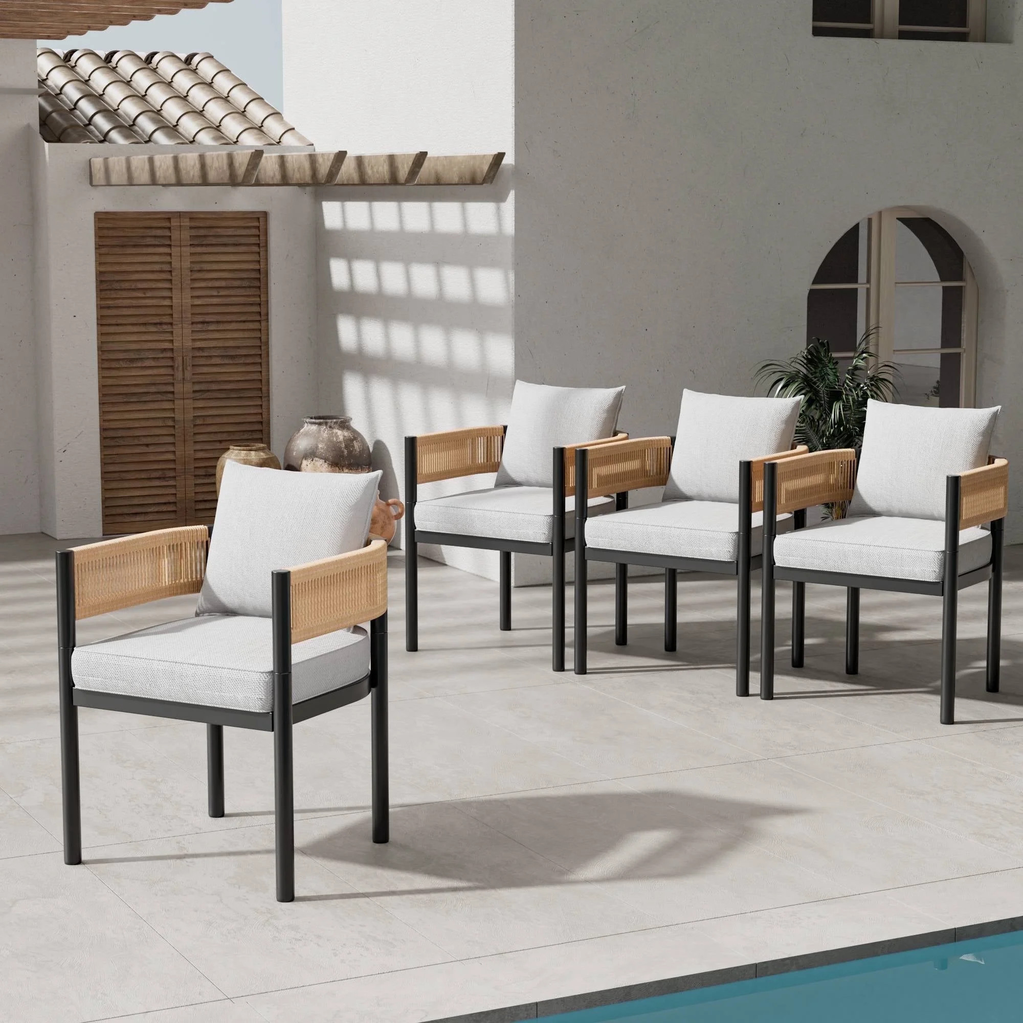 GRANDPATIO Steel Outdoor Dining Arm Chairs - Set of 4, Khaki Wicker / Beige Cushion | Walmart (US)