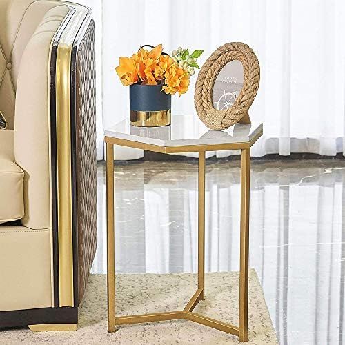HAWOO Marble Side End Table with Gold Frame, Modern Hexagon Accent Nightstand with Faux Marble To... | Amazon (US)