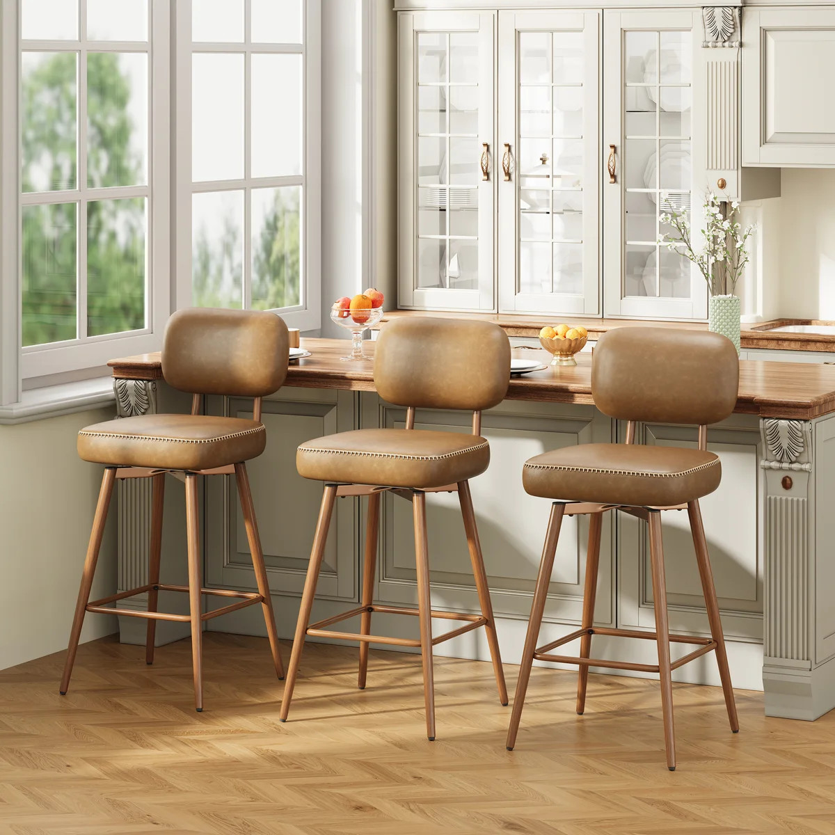 Modern Swivel Upholstered Counter Stools with Metal Frame (Set of 3) | Wayfair North America