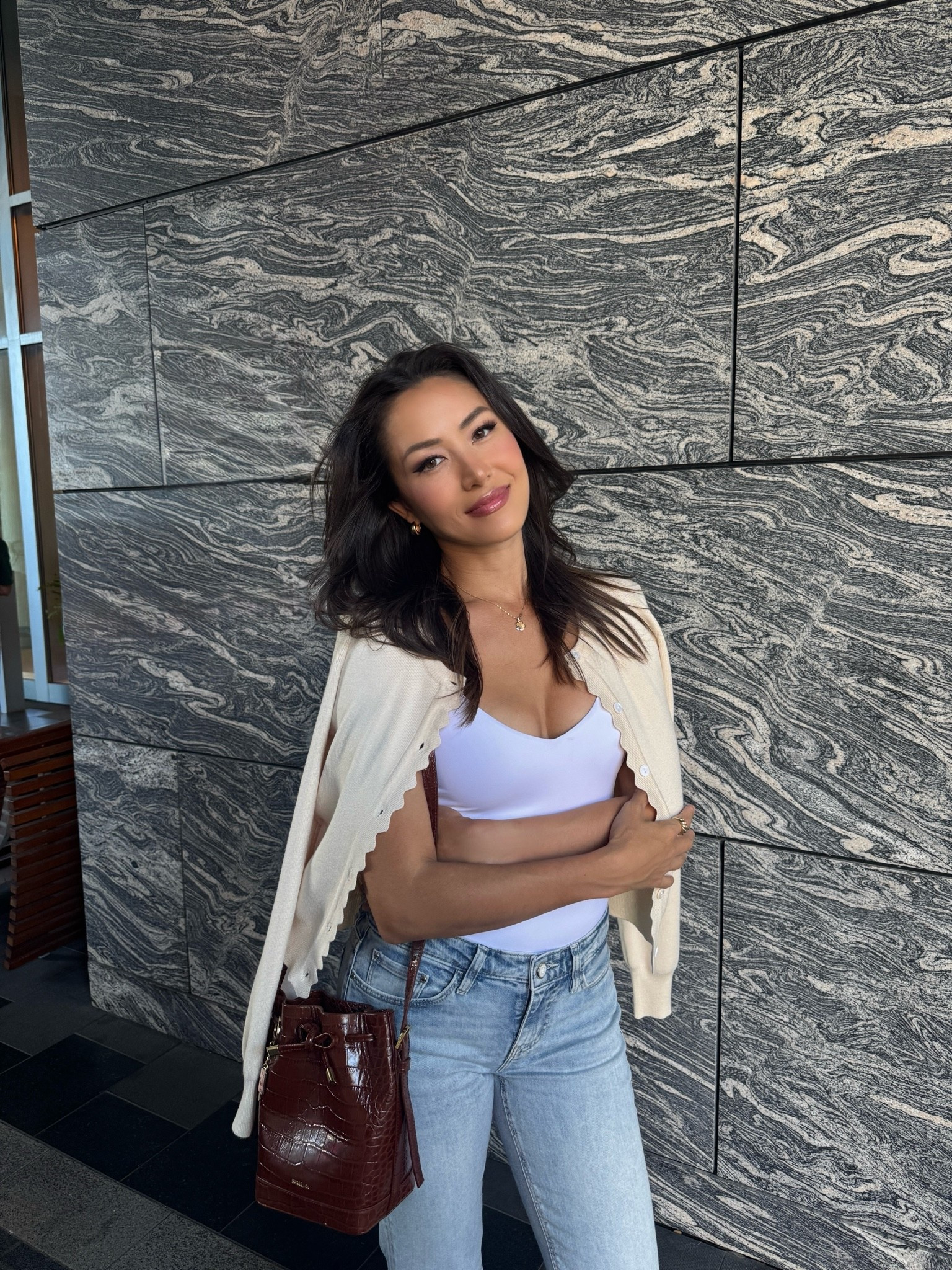 Casual feminine look - scallops are in! Size small in the cardigan, XS in the bodysuit and 25 in the denim

#LTKootd