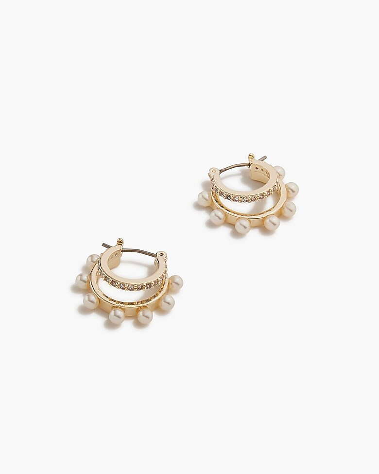 Mini pearl and pavé double-hoop earrings | J.Crew Factory