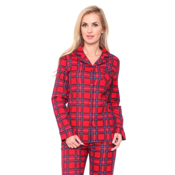 White Mark Women's Slim-Fit Red Plaid Flannel Pajama Set | Bed Bath & Beyond