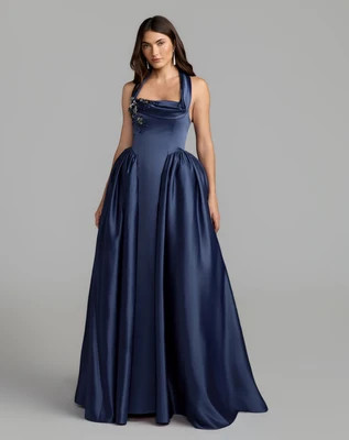 Blue Sleeveless Open Back Satin Ball Gown | Mac Duggal