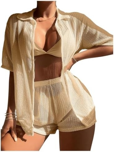 SHENHE Women's Sheer Swim Cover Up 2 Piece Set Kimono Shirt and Shorts Bikini Coverup | Amazon (US)