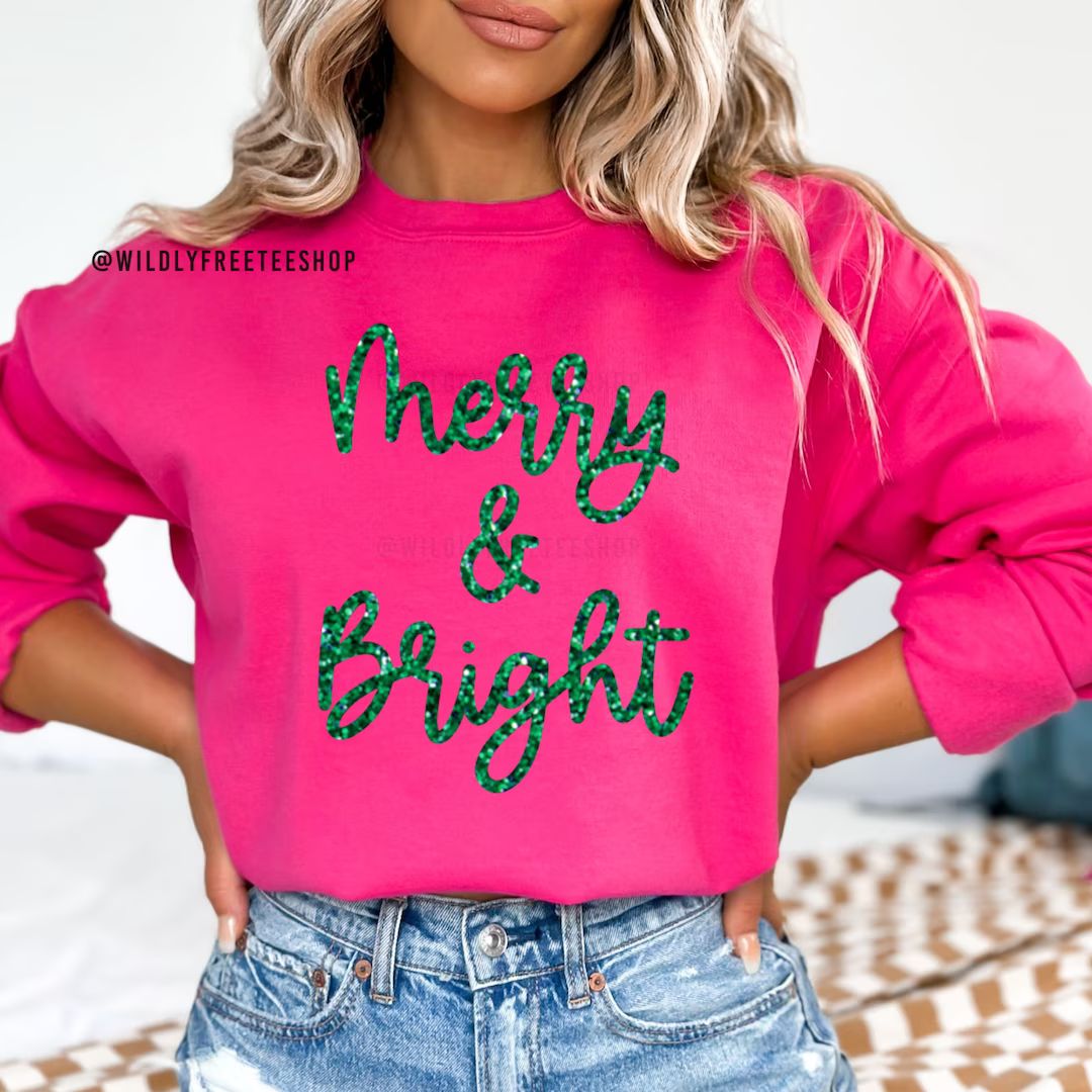 Sparkly Glitter Merry and Bright Sweatshirt Merry Shirt - Etsy | Etsy (US)