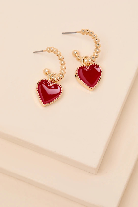 Cordellia Red and Gold Heart Hoop Earrings | Lulus