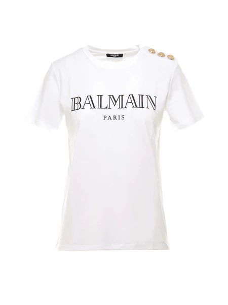Balmain Logo Print Button Detailed T-Shirt | Cettire Global