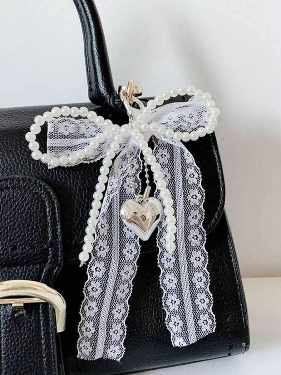 1pc Cute Lace Bow With Faux Pearl Key Chain Wallet Pendant Bag Charm Shoe Decor Bow Ornament Hear... | SHEIN