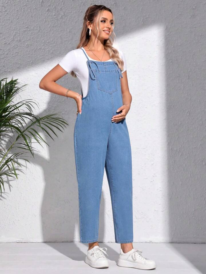 SHEIN Maternity Patched Pocket Denim Overalls Without Tee | SHEIN