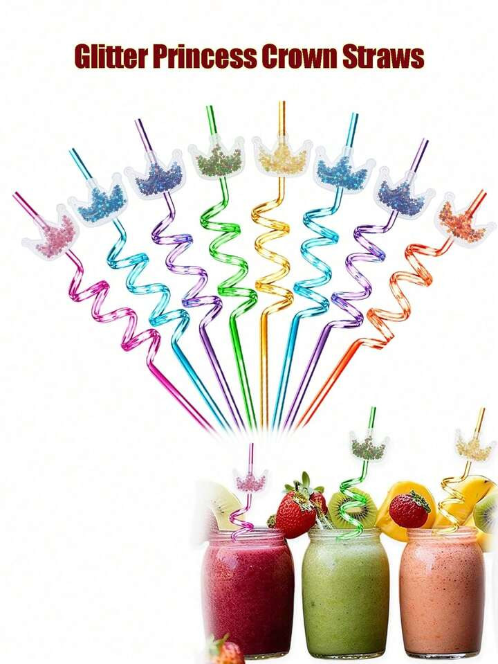10/15pcs Crown Shaped Multicolor Glitter Reusable Party Drinking Straws,Glitter Princess Crown St... | SHEIN