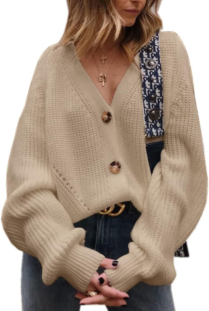Asskdan Women's V Neckline Button Down Knitwear Lantern Sleeve Basic Knit Cardigan Sweater Tops (... | Amazon (US)