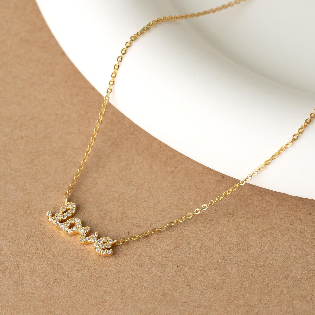 Pave Love Necklace,diamond Love Word Necklace,dainty Script Necklace,minimalist Jewelry,sterling ... | Etsy (US)