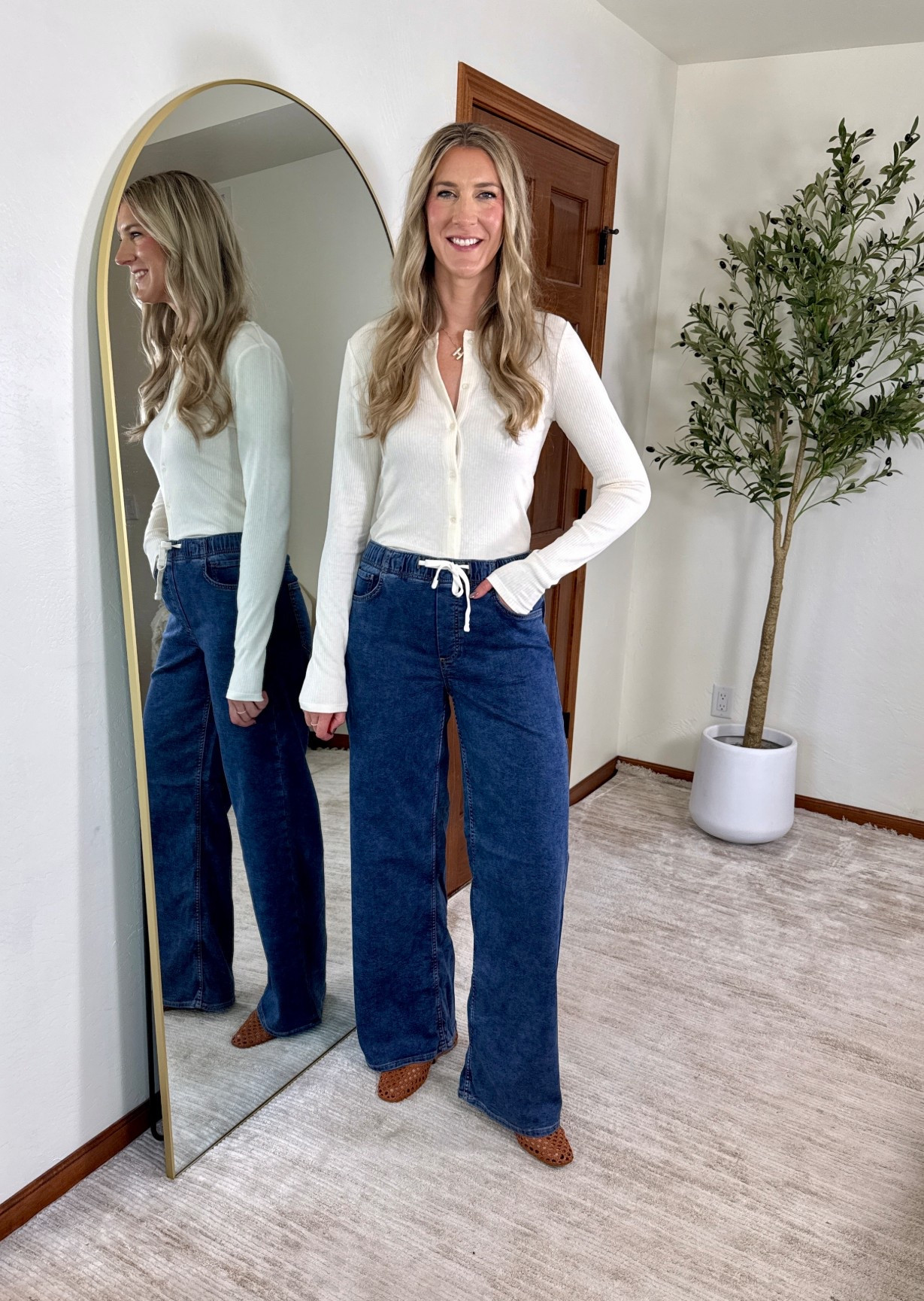 Wearing my true 29/m/tall 
Tall, pull on drawstring, wide leg, jeans, comfy jeans, these are super soft ! 

#LTKTall #LTKSaleAlert #LTKSeasonal