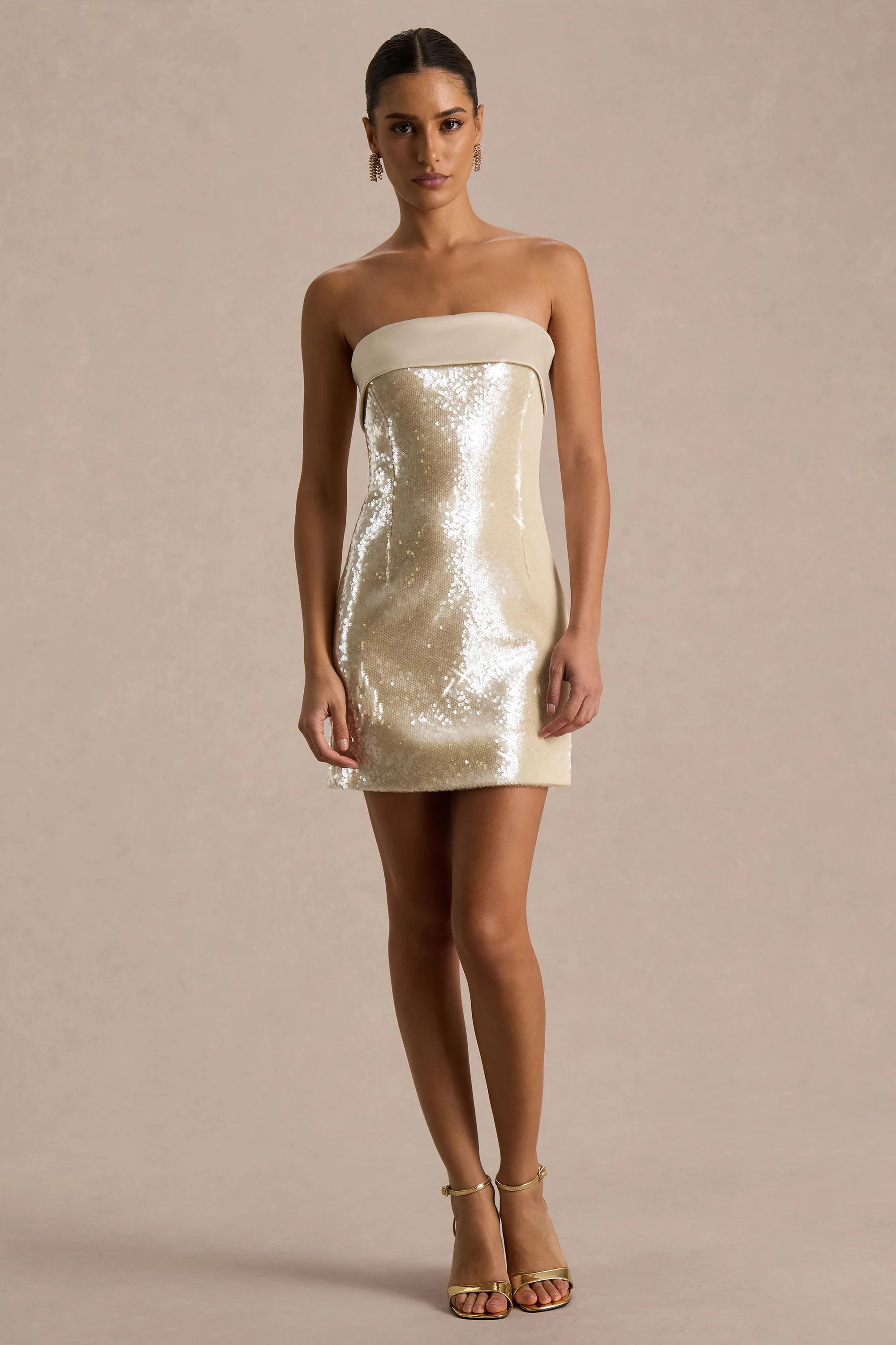 Casandra  Champagne Sequin Bandeau Mini Dress With Satin Trim | Club L London