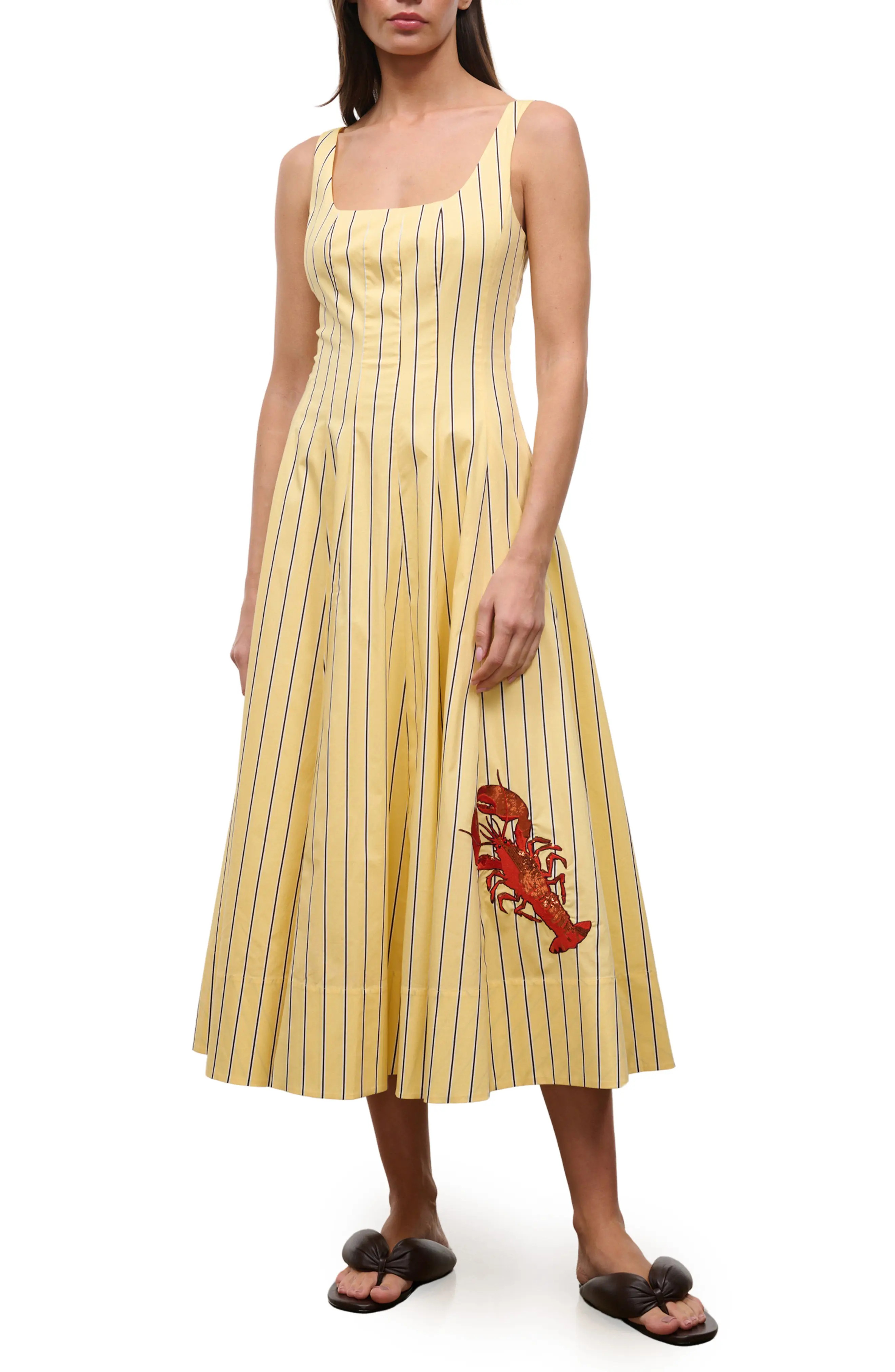 STAUD Wells Stripe Stretch Cotton Poplin Midi Dress (Women) | Nordstrom | Nordstrom