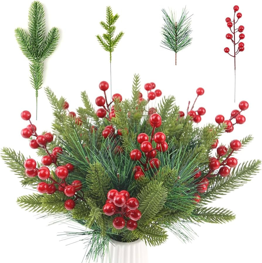 60 Pcs Artificial Christmas Greenery Faux Pine Branches with Red Berry Stems Fake Greenery Pine P... | Amazon (US)