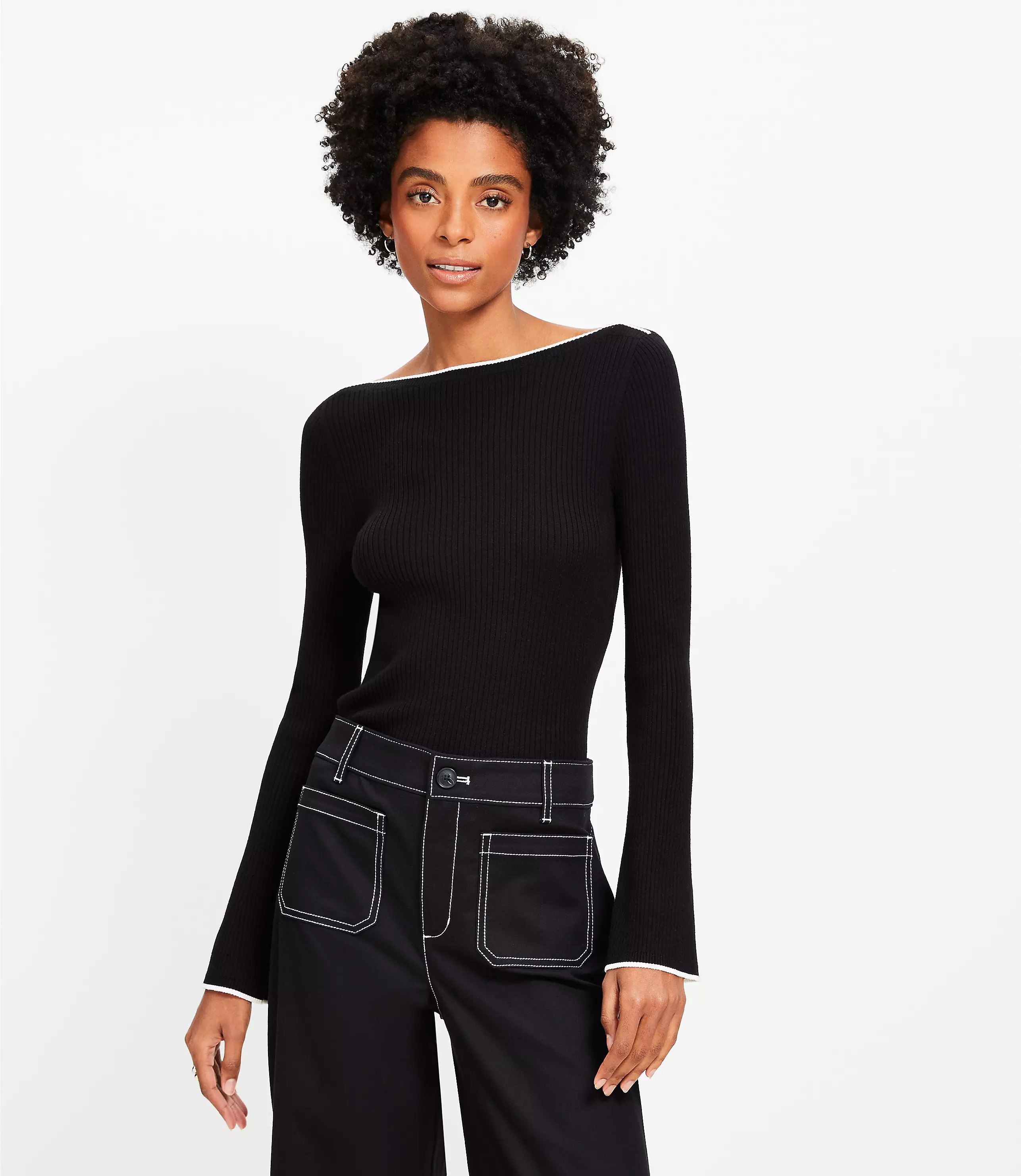 Tipped Boatneck Flare Sleeve Sweater | LOFT