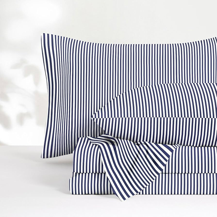 Wake In Cloud - Striped Bed Sheets, 4-Piece Sheet Set, Ticking Vertical Pin Stripe Modern Farmhou... | Amazon (US)