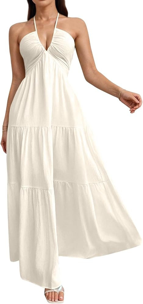 Women's Halter Neck Maxi Dresses Summer Backless Deep V Neck A-Line Long Dress Spaghetti Strap Beach Vacation Dresses | Amazon (US)