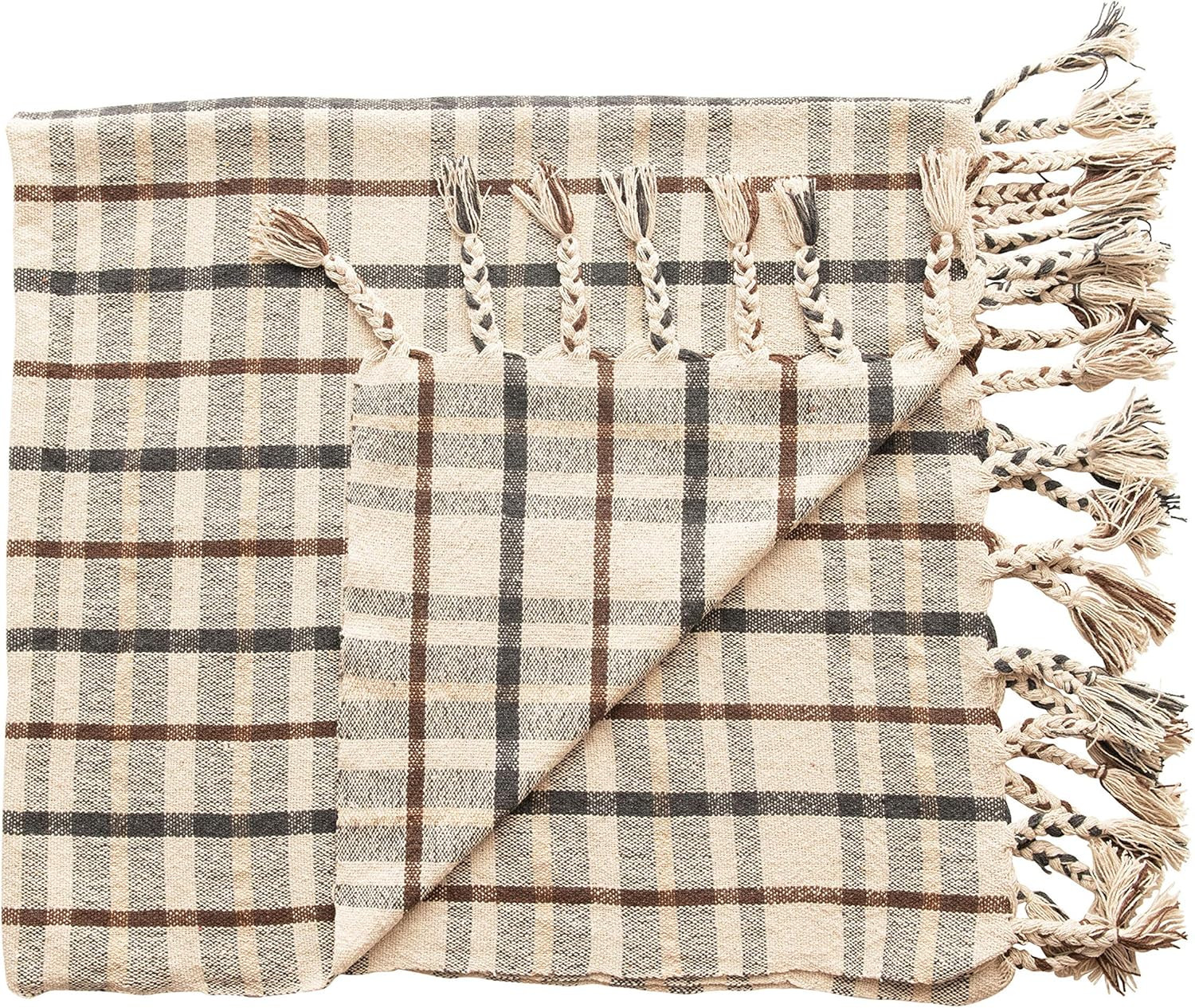 Bloomingville Woven Recycled Cotton Blend Plaid Tassels, Charcoal Color & Brown Throw, Charcoal &... | Amazon (US)