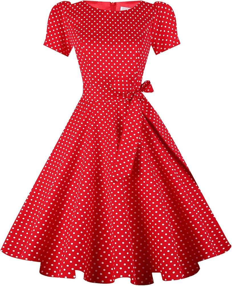 tagunop Women's Boatneck Vintage 1950s Cocktail Party Dress with Puff Sleeves | Amazon (US)
