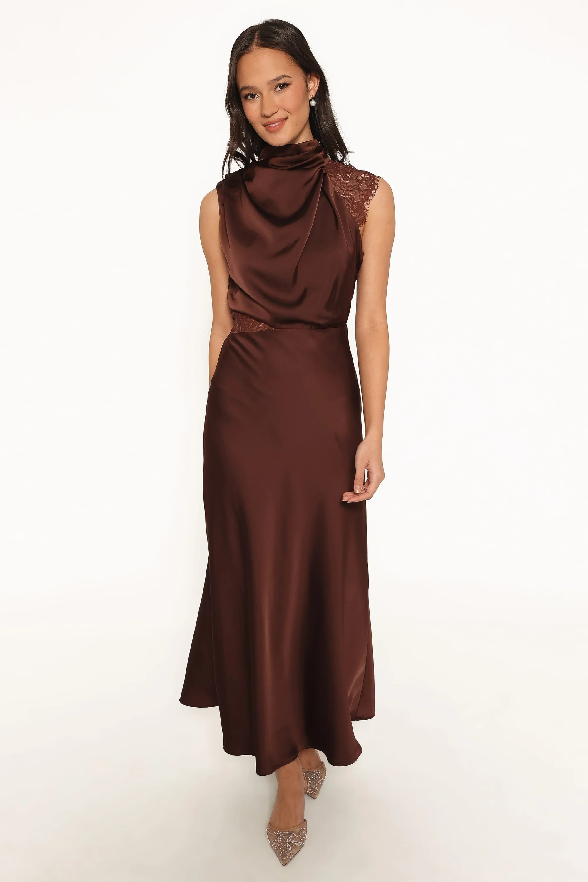 Anabelle Halter Neck Lace Maxi Dress - Chocolate Brown | Petal & Pup (US)