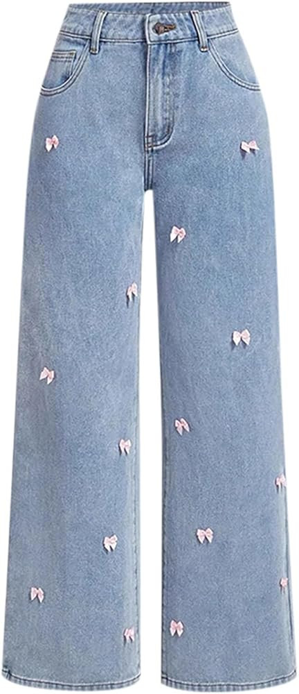 Women's Bow Knot Straight Leg Jeans High Waisted Y2k Loose Denim Pant Zip Button Front Casual Tro... | Amazon (US)