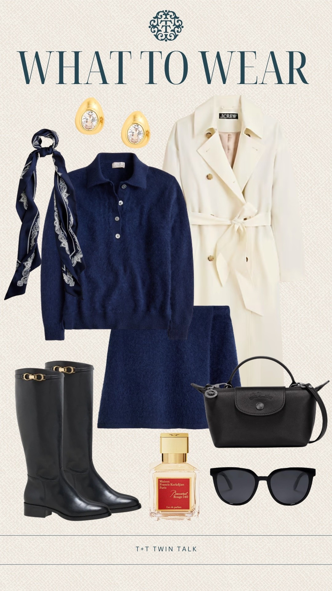 T+T, what to wear! We love this navy matching set from J.Crew! We paired it with knee high wide calf boots from Talbots, white trench coat and patterned scarf from J.Crew! Accessorized with gold earrings, a black longchamp bag and our new favorite perfume! 

#LTKItBag #LTKShoeCrush #LTKStyleTip