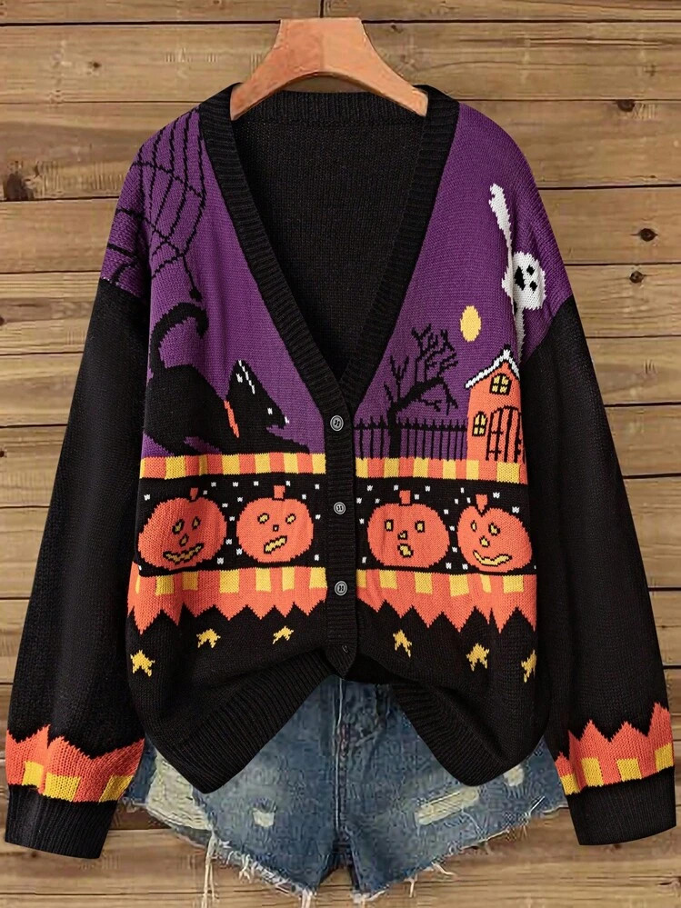 Linhara Plus Size Halloween Colorblock Pattern Cardigan | SHEIN