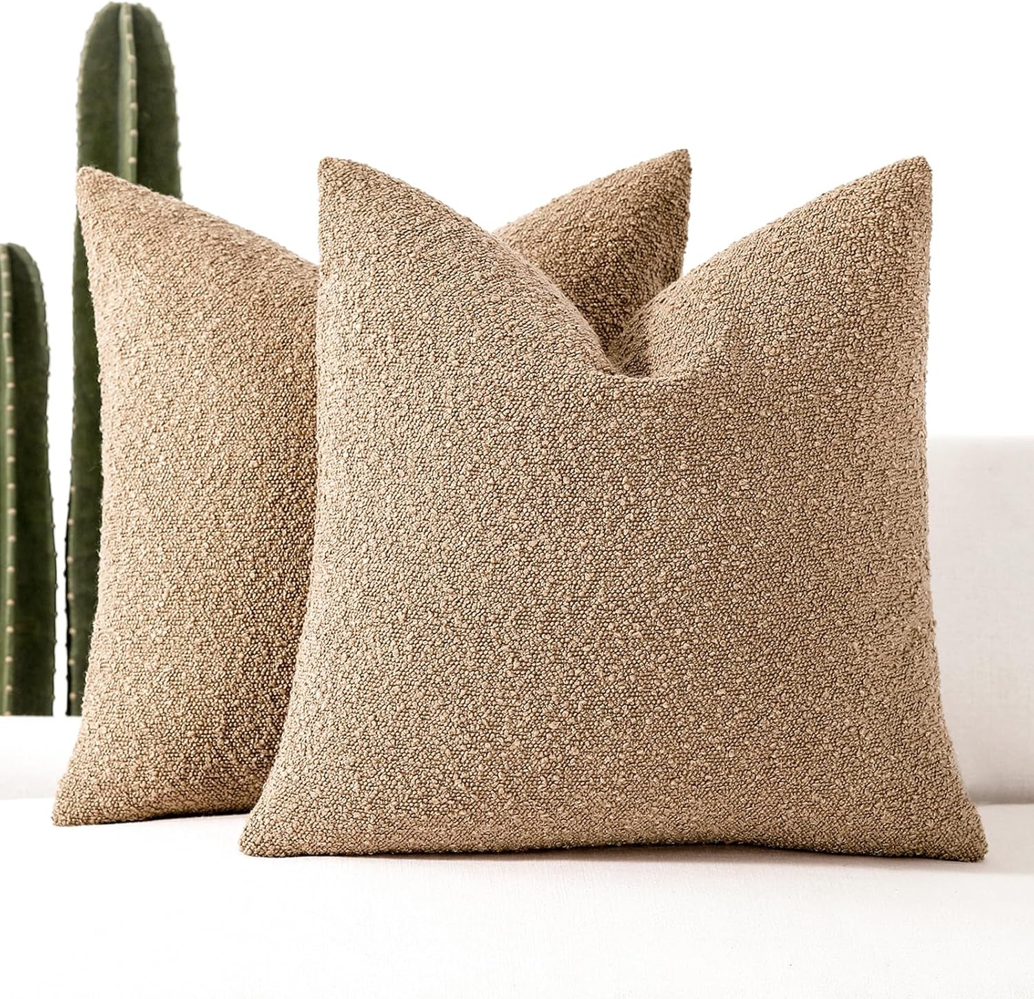 Boucle Decorative Throw Pillow Covers for Couch Set of 2, 18x18 inches, Camel | Amazon (US)