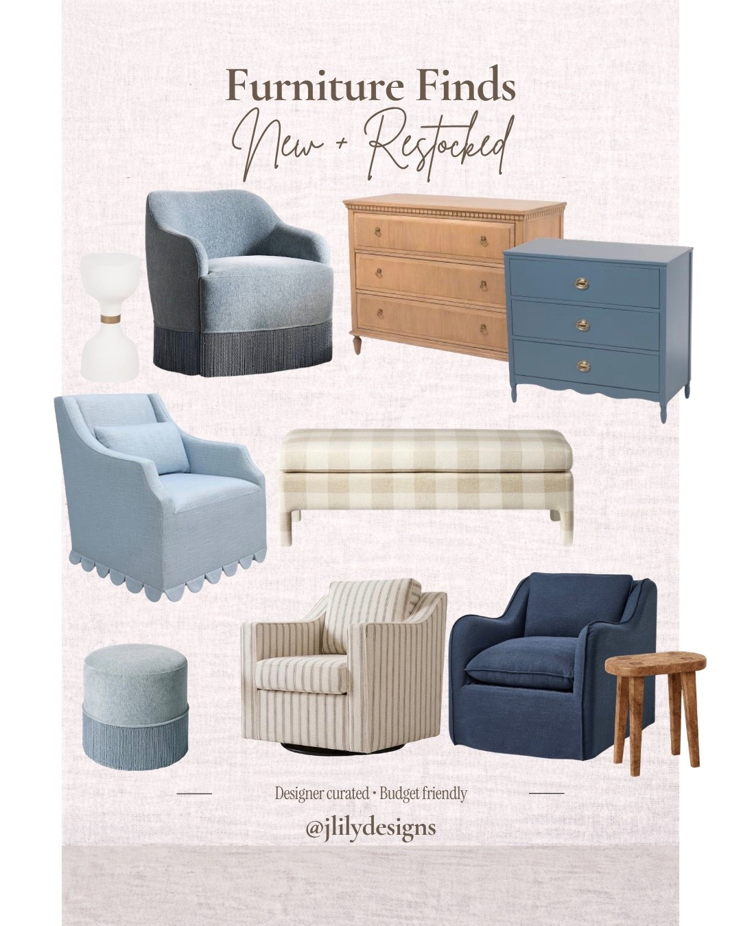 These are the furniture fines. I keep returning back to for their beautiful style, colors and popularity. Several of these have been out of stock for months and they’re just now coming back.

#Target #Threshold #StudioMcGee #TJMaxx #LoungeChairs #upholstered arm chairs #BlueFurniture #DresserChest #Serena Lilly style #PotteryBarnStyle

#LTKHome
