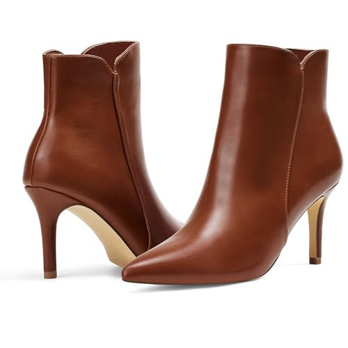 Elisabet Tang Women Heeled Ankle Boots,Sexy Pointed Toe 3 Inch High Heel Fashion Booties with Side Zipper Envening Party Dress Shoes Brown size 9.5 | Amazon (US)