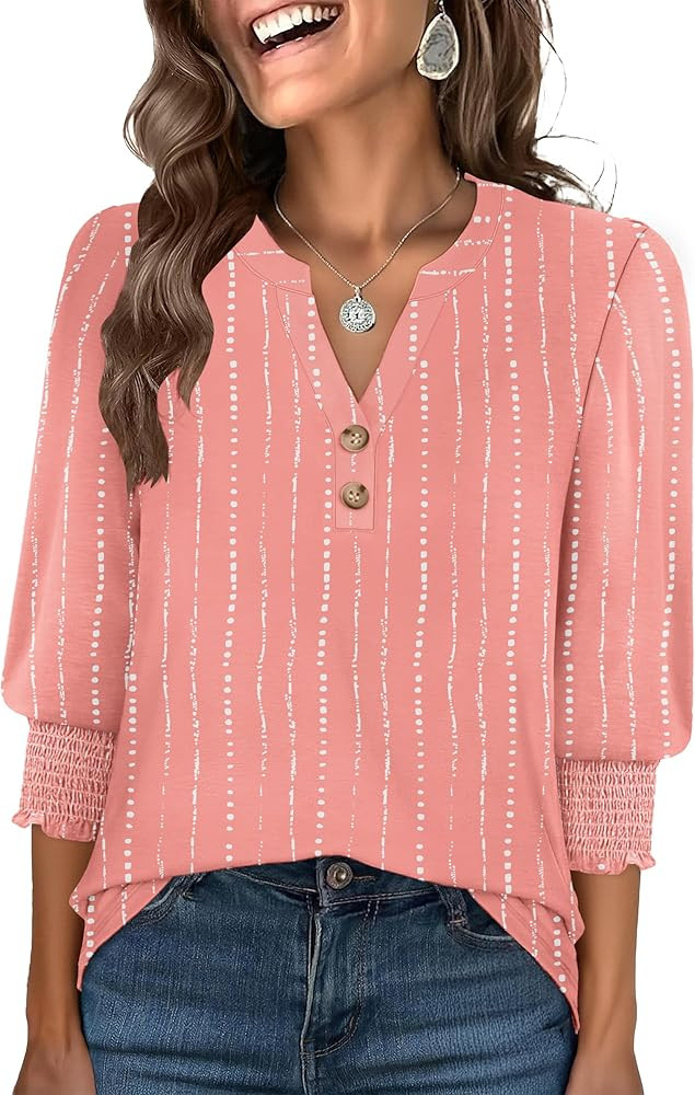 ANRABESS Women's 3/4 Sleeve Henley Blouse, Soft V Neck Top for Dressy Casual, Work & Business Office Wear Coral White Stripe Large at Amazon Women\u2019s Clothing store | Amazon (US)