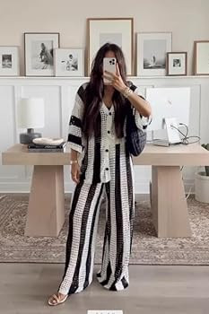 NIFTRIRY Women Cover Up Sets Button Up Tops with Pants Crochet Set Outfit 2 Piece Outfits Vacatio... | Amazon (US)