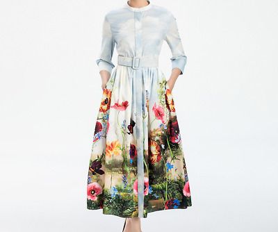 Women's Fashion Elegant Flower Printing Round Neck Pleated Belted Slim Fit Dress  | eBay | eBay US