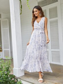 Tie Dye Ruffle Hem Belted Dress | SHEIN