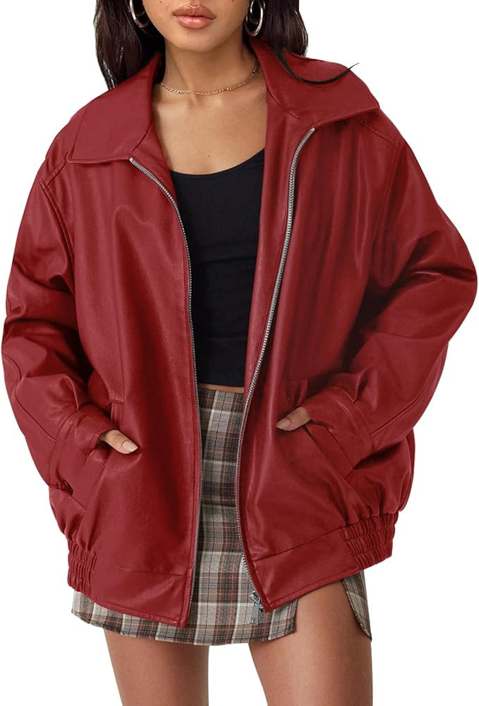 AUTOMET Women's Oversized Faux Leather Jacket - Fall Motorcycle Style Coat with Zipper Closure | Amazon (US)