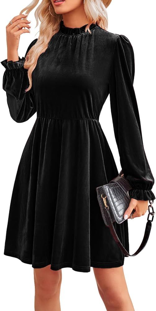 Women's 2023 Velvet Dress Elastic Waistline Fall Long Sleeve Wedding Guest Short Wrap Tunic Forma... | Amazon (US)
