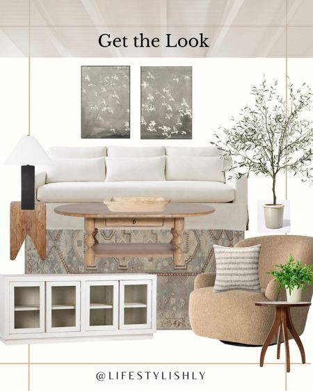neutral-toned interior design board for a living room. It features a curated collection of furniture and decor pieces in soft, natural hues. Items include a plush sofa, an accent chair, a wooden coffee table, a textured area rug, and various accessories such as throw pillows, a table lamp, and wall art. The overall aesthetic is serene and inviting.

#LTKFind #LTKhome #LTKstyletip