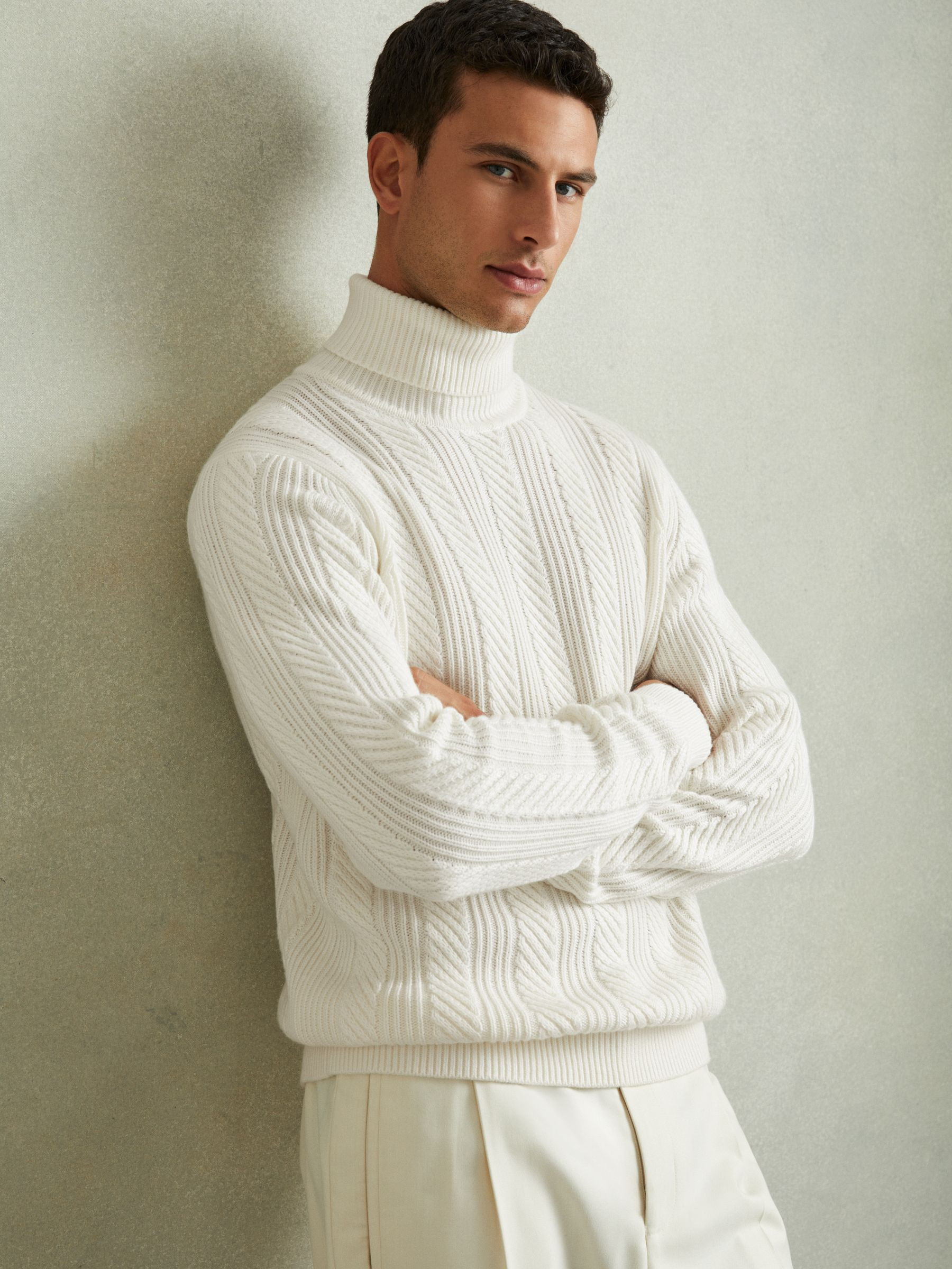 Reiss Cabled Roll Neck Jumper with Cotton and Wool in White - REISS | Reiss UK