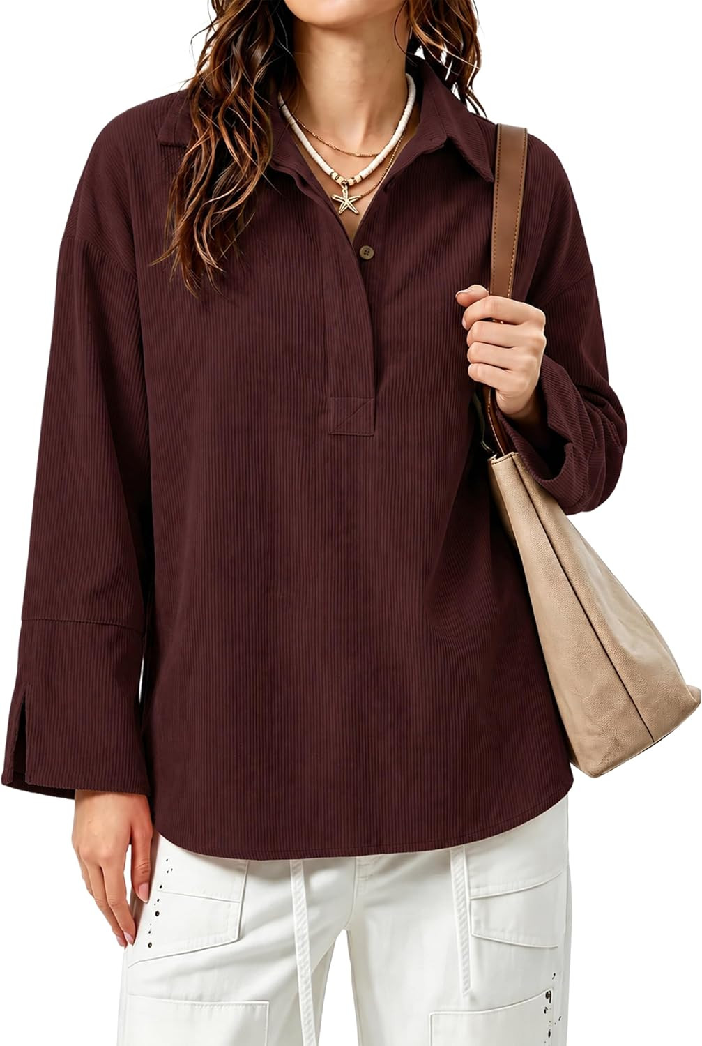 Watashi Women Corduroy Oversized Half Button Henley Shirt Tops | Amazon (US)
