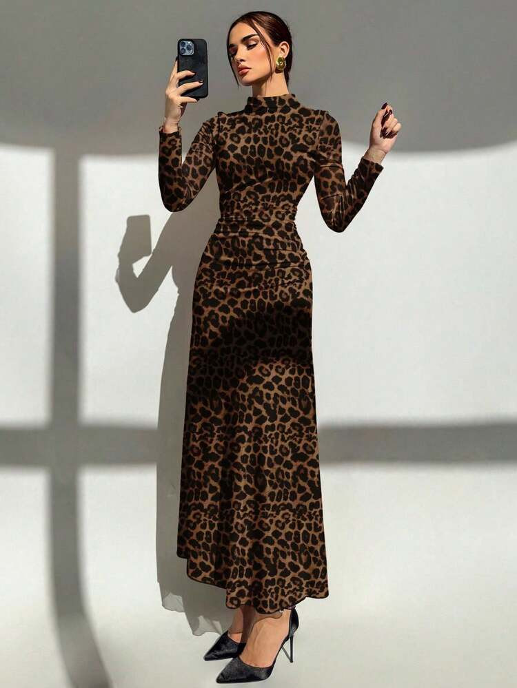 Aloruh Casual Leopard Print Stand Collar Cinched Waist Long Sleeve Dress For Women, Suitable For ... | SHEIN
