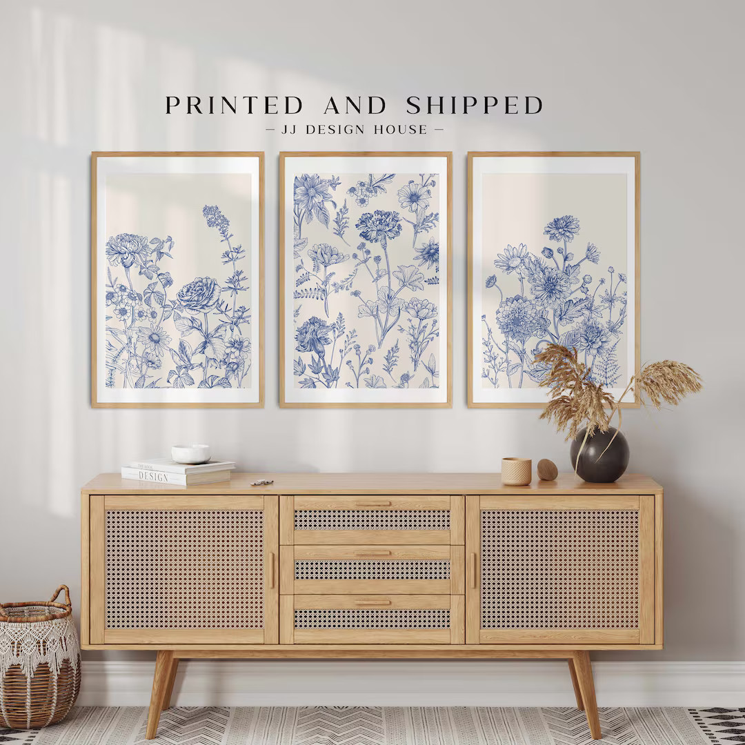 Blue Botanical Printed Wall Art Chinoiserie Wall Art, 3 Piece Wall Decor Minimalist Wall Art, Bot... | Etsy (US)