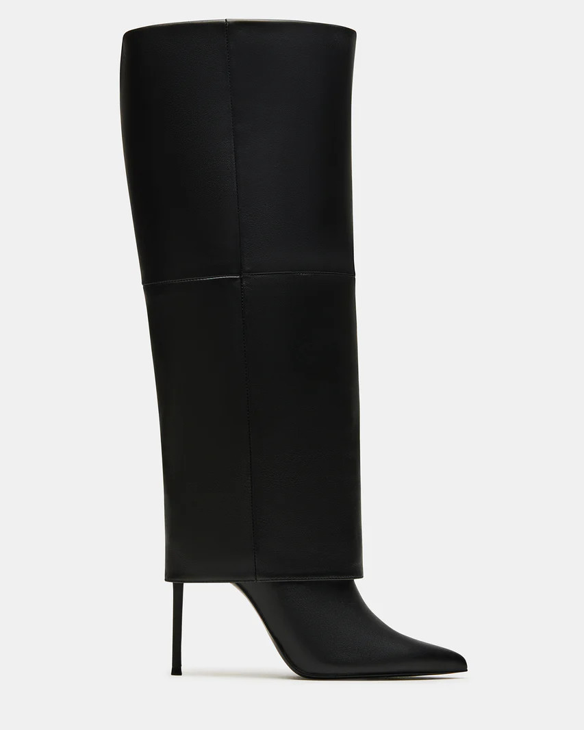 SMITH Black Leather Wide Calf Cuffed Stiletto Boot | Women's Boots | Steve Madden (US)