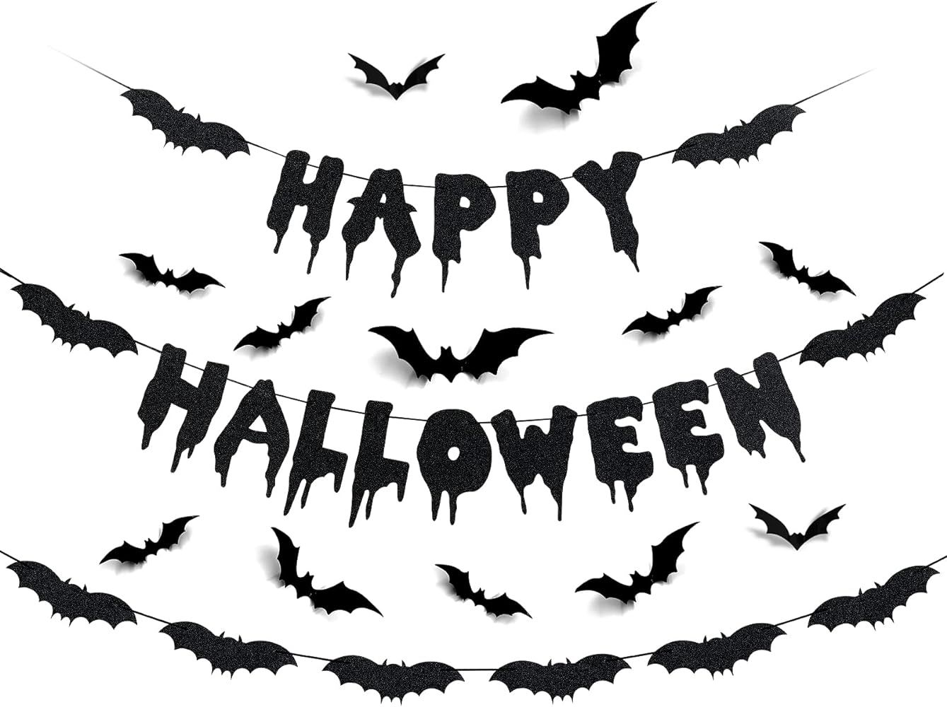 Happy Halloween Banner Bat Garland Black Glitter and 12Pcs Bat Wall Decals- Flying Bats Halloween... | Amazon (US)