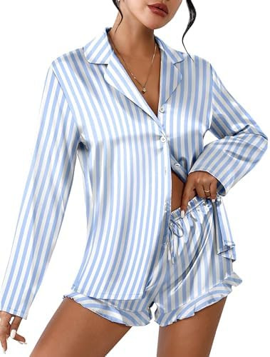 Ekouaer Womens Satin Pajama Sets Long Sleeve Top and Shorts Lounge Set Button Down Sleepwear | Amazon (US)