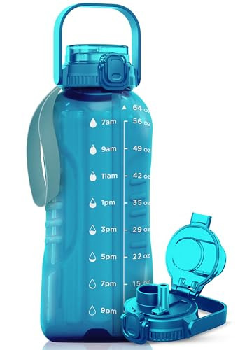 AQUAFIT 64 oz Water Bottle with Time Marker - 2in1 Straw & Chug Lid - BPA Free Big Water Bottle with Straw - Gym Water Bottle with Strap - Water Jug (64 Ounces, Aqua) | Amazon (US)