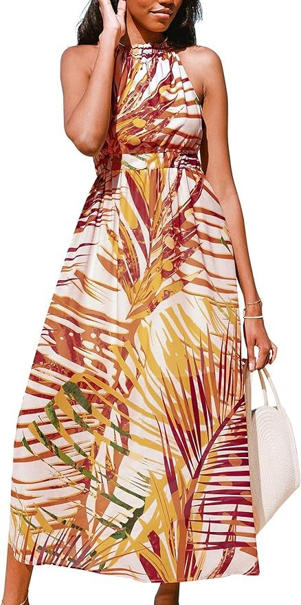 CUPSHE Women's Yellow Tropical Plants Ankle-Length Dress | Amazon (US)