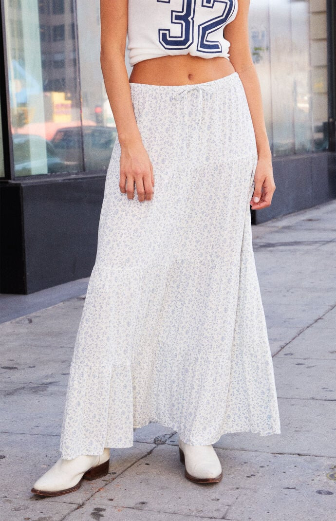 John Galt Women's Floral Lizzy Maxi Skirt in White/Blue | PacSun