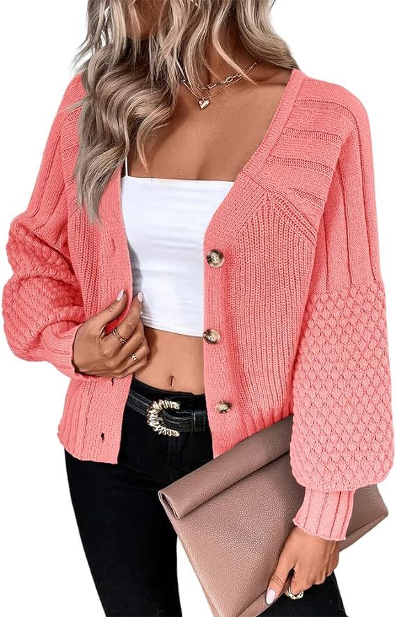 Danedvi Women's 2023 Fall V Neck Cardigan Sweaters Puff Sleeve Cable Chunky Knit Open Front Butto... | Amazon (US)